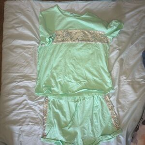 Green and Silver Lace Trim Pajama Set